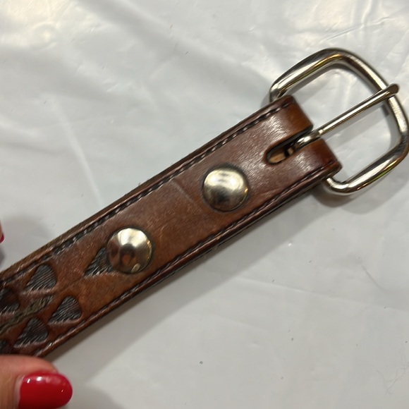 Vintage Brown Leather Belt with Black Heart Motif and Brass Initials HFP - Picture 3 of 10